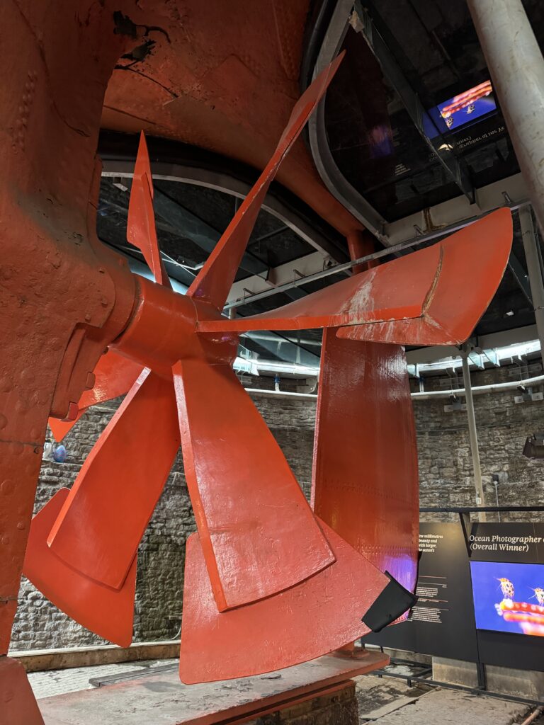 The red propeller from the side within the dry dock museum space